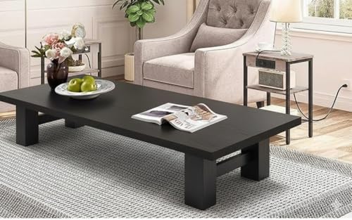 Image of Modern Black Coffee Table with Multi-Level Design, Contemporary Living Room Furniture, Rectangular Wood Table with Storage Space (Walnut, 132 * 50 * 38)
