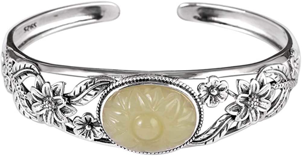 Bracciale Personalizzato ， Bracciale Rigido Aperto da Donna in Giada Bianca con intarsio Etnico Vintage in Argento Sterling 925
