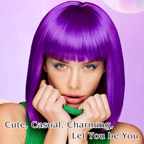 Image of PLULON Purple Bob Wig with Bangs, Short Straight Bob Wig with Heart Sunglasses 12 Inch Shoulder Length Heat Resistant Synthetic Hair for Women Natural Look Daily Use Cosplay Halloween Costume Party