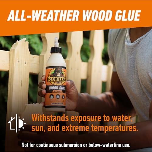 Image of Gorilla Ultimate Waterproof Wood Glue, Natural Wood Color, 18 Ounce (Pack of 2) - Waterproof for Indoor or Outdoor Projects and Repairs