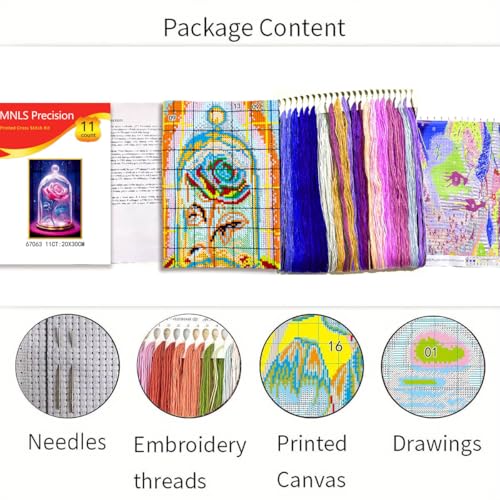 Image of Zhenqing Glass Dome Rose Cross Stitch Kit - 11CT Pre-Printed 20x30cm Fabric with Threads & Needle (No Tools)(67063)