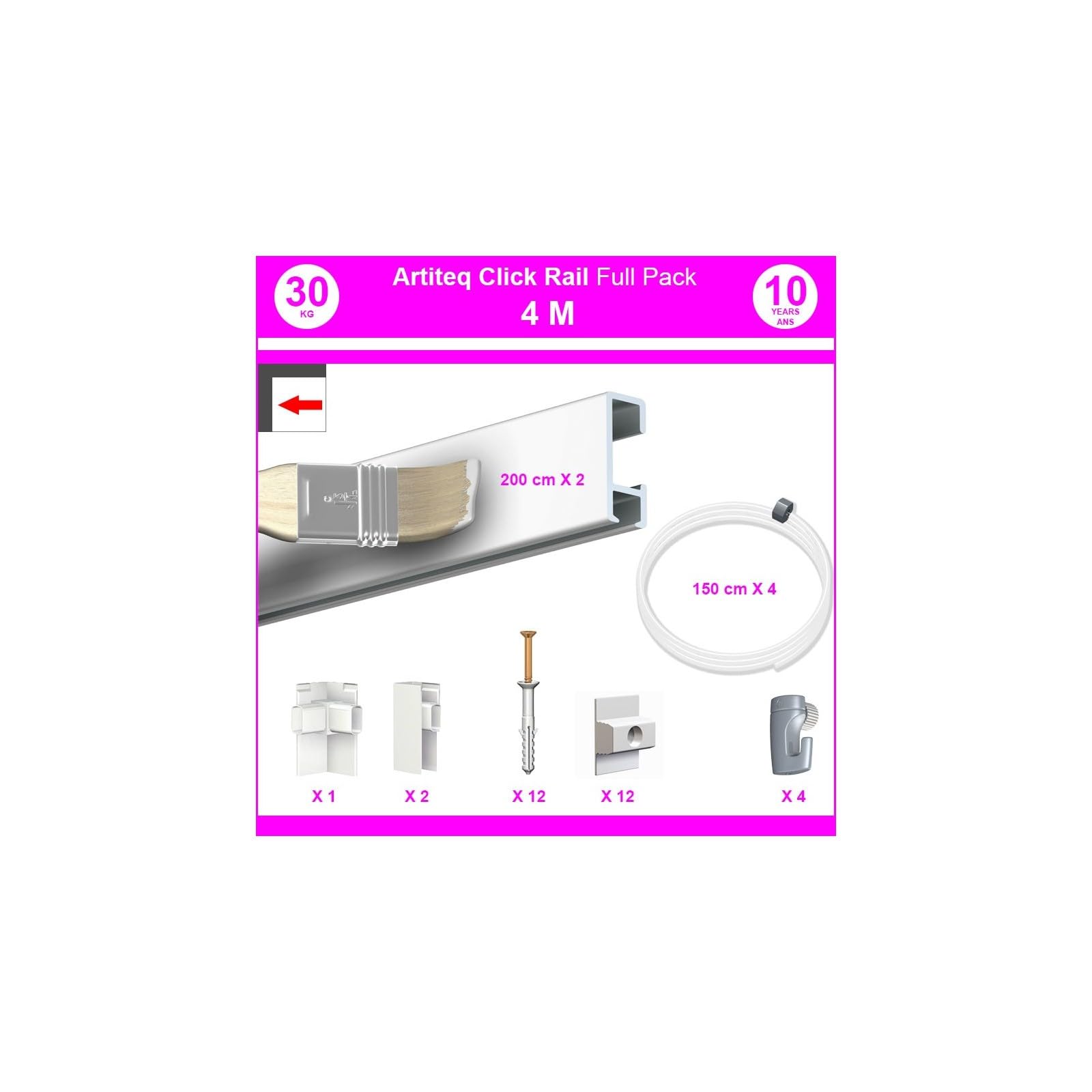 Arti Teq - Pack Eco 4 mètres de cimaise Click Rail couleur Blanc (peut être peint) - Solution suspension cadres et tableaux - Blanc