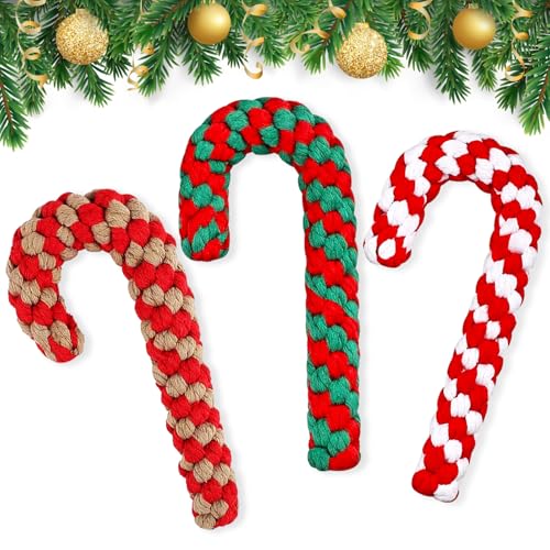 Axingqiwu 3 Piezas Juguetes Navideños para Perros, Cuerda de Bastón de Caramelo, Juguete Masticables Peluche Perro Regalos Navideños