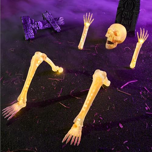 JOYIN 5 Pcs Halloween Skeleton Decorations Outdoor LED Life Size Skeleton Yard Stakes Light Up Full Body Realistic Skulls Decor for Graveyard Yard Lawn Garden Holiday Party Decoration