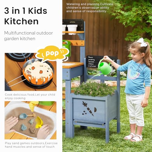 Frogprin Mud Kitchen with Planter Box, Outdoor Play Pretend Kitchen with Stoves, Removable Sink, Faucet, Blackboard, Cooking Accessories & Gardening Tools Set, Wooden Kids Kitchen for Boys Girls 3-8