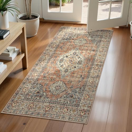 Lahome Oriental Small Area Rug 2x4 Soft Washable Rugs for Entryway Kitchen Non-Slip Ultra-Thin Fall Indoor Door Mat Vintage Small Carpet for Bathroom Bedroom Eleanor Peach/Orange