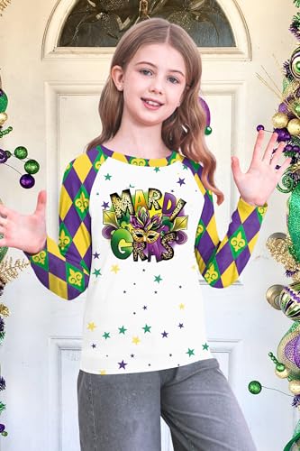 Image of Mardi Gras Shirt for Kids: Toddler Boys Girls Mardi Gras Long Sleeve Happy Carnival Outfits Mask Graphic Tee 4-12 Years