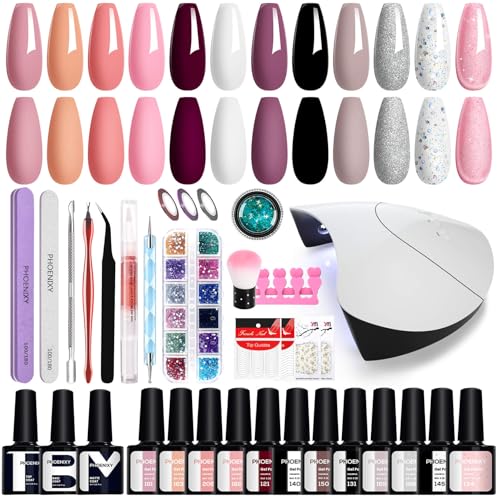 Phoenixy Kit Manicura Semipermanente 12 Colores Uñas Semipermanentes Kit Completo con U V/LED Lámpara Herramientas de Manicura
