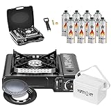 Mianova Campingkocher Outdoor Gaskocher BBQ Anzünder Grill Notfallkocher Gaskartuschen Gas Kocher Herd 1 flammig Set Grillplatte 8 Gasflaschen Kartuschen