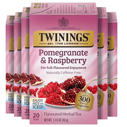 Twinings Pomegranate &amp; Raspberry Herbal Tea Individually Wrapped Bags, 20 Count (Pack of 6), Naturally Caffeine-Free, Enjoy Hot or Iced, 120 Teabags