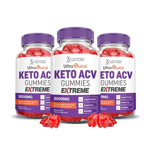 Justified Laboratories Ultra Quick Keto ACV Gummies Extreme (2000 mg) - 60 Count Pack of 3 - Formulated with Apple Cider Vinegar Folate & Vitamin B12 - Non-GMO Vegan Gluten Free - 90 Servings