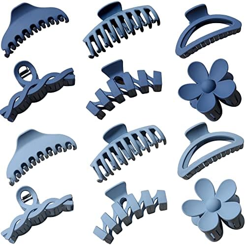12 Pcs Claw Clips, Multi-Shapes Hair Clips for Women Girls, Non-Slip Large Jaw Claw Clips for Thick Thin Curly Hair Accessories (Blue)
