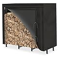 4ft Outdoor Firewood Rack with Cover Combo Set Waterproof for Wood Storage, Adjustable Fire Log Stacker Stand, Heavy Duty Firewood Holder for Fireplace Metal Lumber Storage Carrier Organizer
