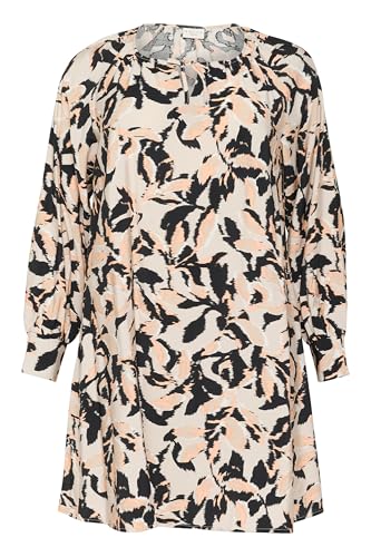 Image of Kaffe Curve Women's Plus Size Dress Long Sleeves V-Notch Neck Knee Length, Beige/Black/Peach Blurry Leaf, 26/Big