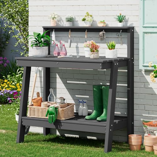 SERWALL Potting Bench Outdoor with Storage, 3-Tier HDPE Gardening...