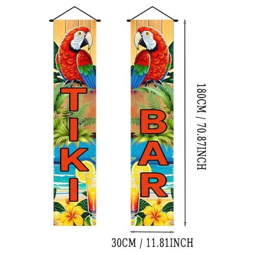 Image of Tiki Bar Banner for Luau Party Decorations with Parrot and Tropical Cocktails Summer Beach Backdrop Sign Outdoor Aloha Hawaiian Porch Welcome Decor 71x12 Inch