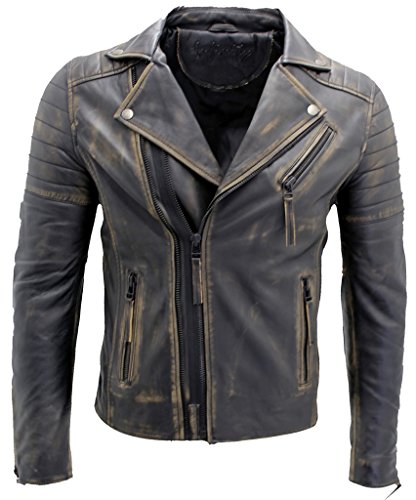 Men's Black Slim Fit Cross Zip Vintage Brando Leather Biker Jacket