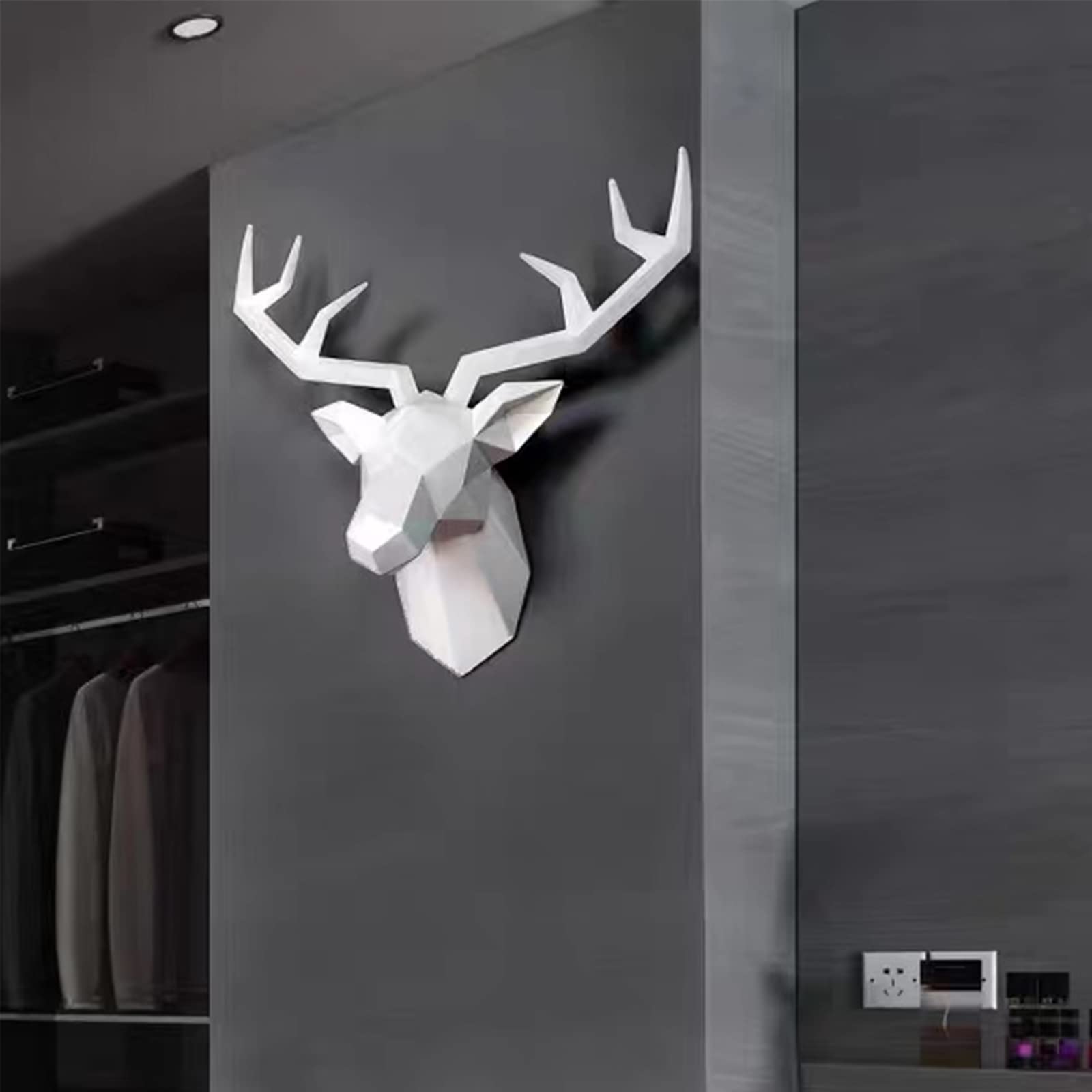 XYQXYQ Testa di Cervo Geometrica Scultura da Parete Moderna - Statua 3D da Appendere, Decorazione in Resina per Soggiorno e Galleria - Regalo (Bianco)