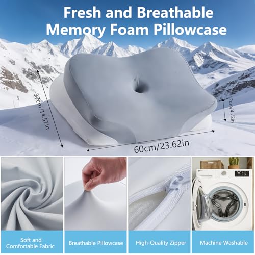 Miniatura 4 de KEVIAN Almohada Cervical Ergonómica Memory Foam, Gris, 60x37x12 cm | Adecuada para Dormir de Lado, Boca Arriba y Boca Abajo, Fundas Desmontables y Lavables