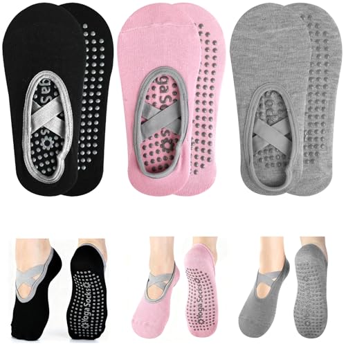 IMALPQPP 3 Pares de calcetines antideslizantes mujer – Calcetines pilates mujer antideslizantes con silicona (Negro, Gris, Rosa), para Pilates, Yoga, Reformer, Fitness y Danza