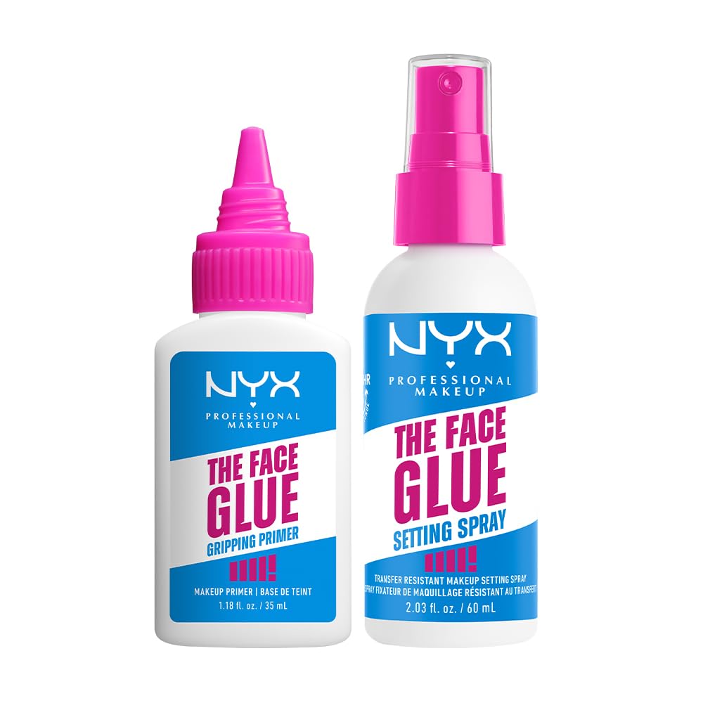 Nyx Professional Makeup, Face Glue Primer Hidratante + Fijador de Maquillaje, prolongan el maquillaje hasta 24H, resistentes al agua y a transferencias. Fórmula vegana.