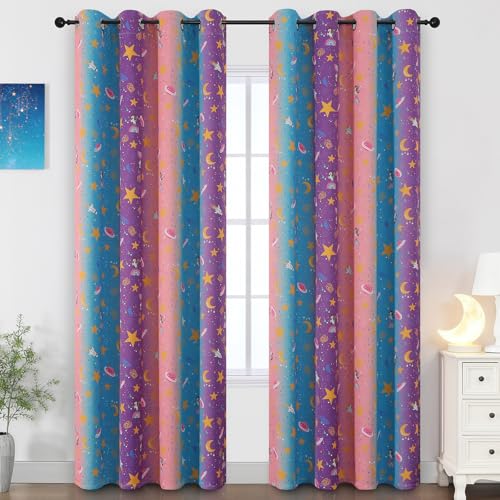 Image of Pink Purple and Grey Room Darkening Curtains 84 Inch Long for Girls Bedroom | Estelar Textiler Star & Moon Blackout Curtains for Kids Playroom,Unicorn Rainbow Grommet Window Drapes,52Wx84L,2 Panels