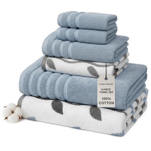 Amrapur Yarn Dyed Organic Vines Jacquard/Solid Ultra Soft 500GSM 100% Combed Cotton Towel Set Lot de 6 Serviettes teintées en Fil Bio Bleu Vigne, 40,6 x 25,4 x 12,7 cm