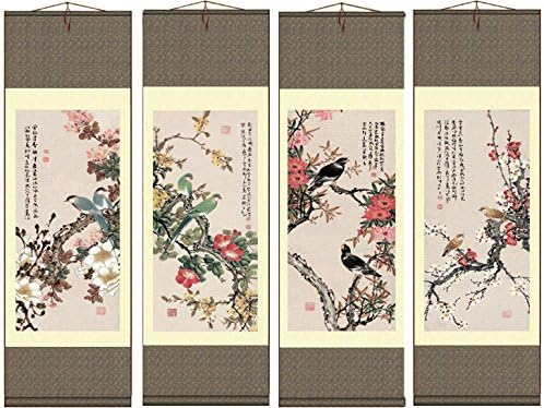 Grace Art Asian Wall Scroll, Set of 4, Four Seasons with Birds