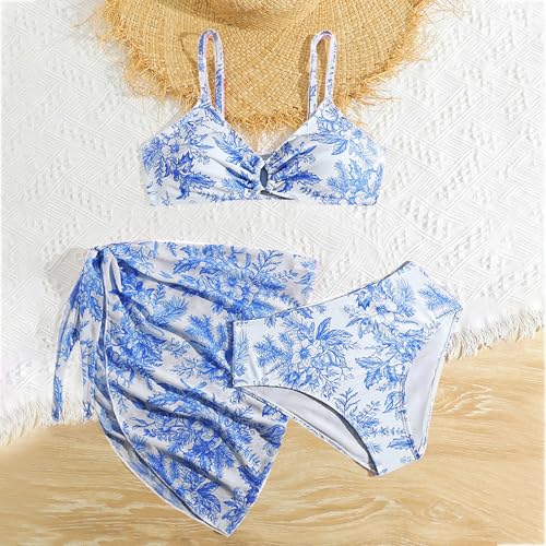 Girls Floral Print Bikini with Skirts 3 Piece Teens High Waist Tankini Swimsuits Rash Guard Beach Bathing Suits2