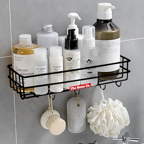 Image of The Home Co. No Drilling Self Adhesive Bathroom Shelf with 4 Hooks /Rack Organizer /Kitchen Shelf with Magic Stickers - Pack of 1 (Black, Powder Coated)