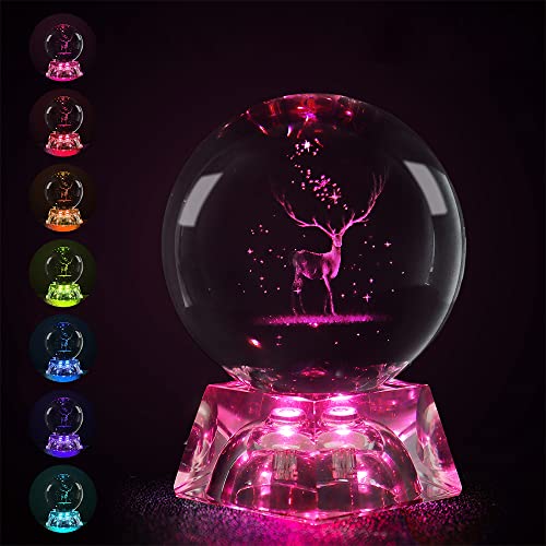 MONKROY 3D-Elch Kristallkugel, Durchsichtig 80mm Elch-Kristallkugel Glas Lensball, mit mehrfarbigen warmen LED-Lichtern, ideal für Geburtstags, Heimdekoration,Kinder nachtlicht Cover