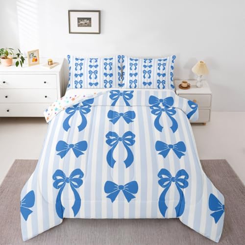 Homewish Juego de edredón con lazo azul para cama de matrimonio, bonito juego de ropa de cama con lazo de dibujos animados, juego de edredón simple a rayas geométricas, para niños, niñas, adolescentes