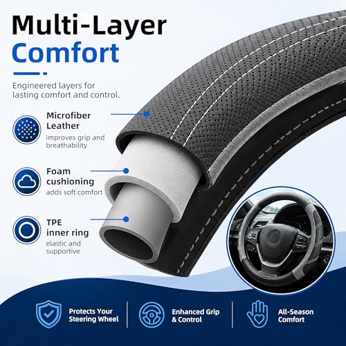 Image of Elantrip Sport Leather Steering Wheel Cover 14 1 /2 inch to 15 inch Universal, Padded Soft Grip Breathable for Car Truck SUV Jeep, Anti Slip Odorless Black and Gray