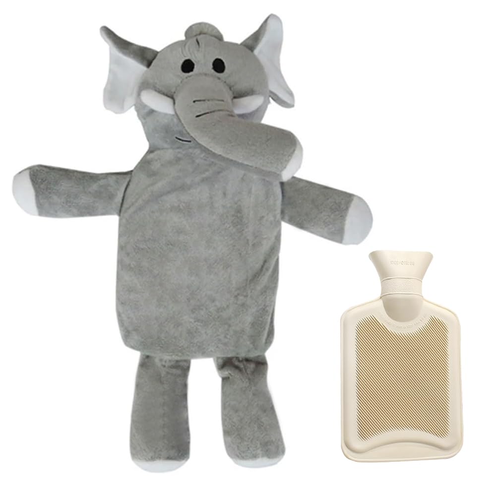 Bolsa Agua Caliente Peluche de 1 Litro, Bolsa Agua Caliente Niños, Elefante de Peluche, Desmontable y Lavable, Segura Prueba de Explosiones, Regalos adecuados para niños, familiares y amigos