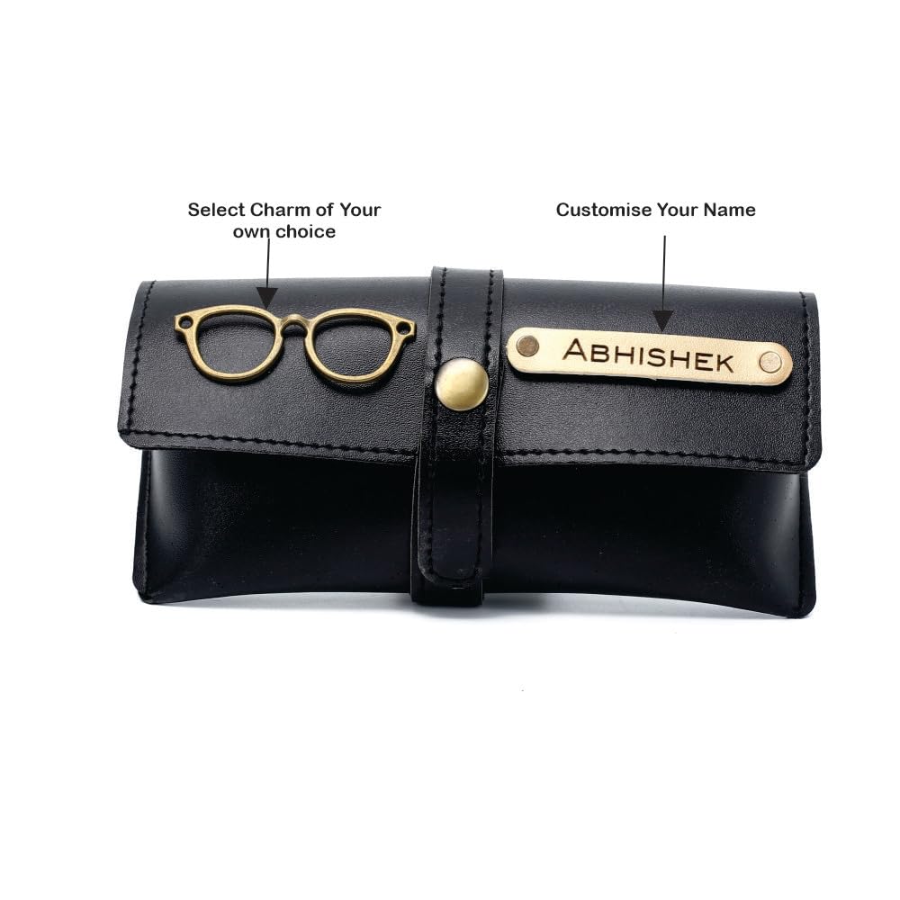 AICA Personalised Name & Charm Leather Sunglass Case (Black) Cover for Men | Premium Hard Case Eyewear Cover | Stylish Gifts for Mens | Corporate Gifts Ideas | Exclusive Diwali Gifts