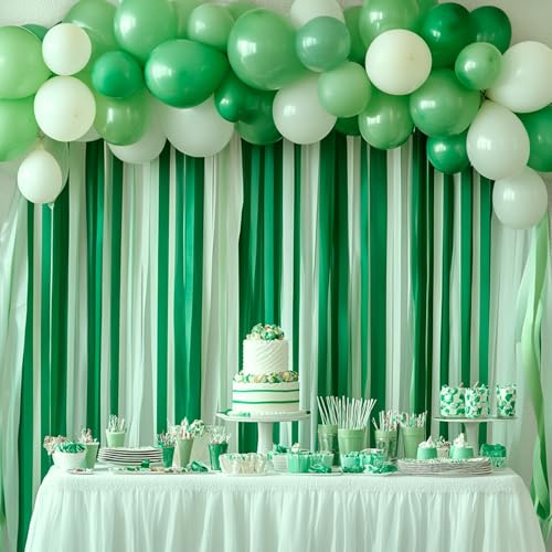 Image of 12 Green & White Crepe Paper Streamers, 984ft Pack of Party Decorations | Each roll is 82 ft long and 1.8 Inch wide ideal for Birthday Party Decor, Graduation Parties and St.Patrick's Day