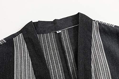 Image of Mens Japanese Kimono Cardigan Cotton Linen Haori Fashion 3 /4 Sleeve Yukata | Shawl Collar Kimono Jacket Robe Embroidery Patchwork Happi Coat Tie Pockets Lightweight Outerwear Daily Casual All Seasons