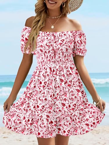 Image of Womens Babydoll Mini Dress Casual Square Neck Short Sleeve Summer Dresses | Empire Waist, Smocked, Flowy, Short Beach Dress, Vacation, Floral, Boho