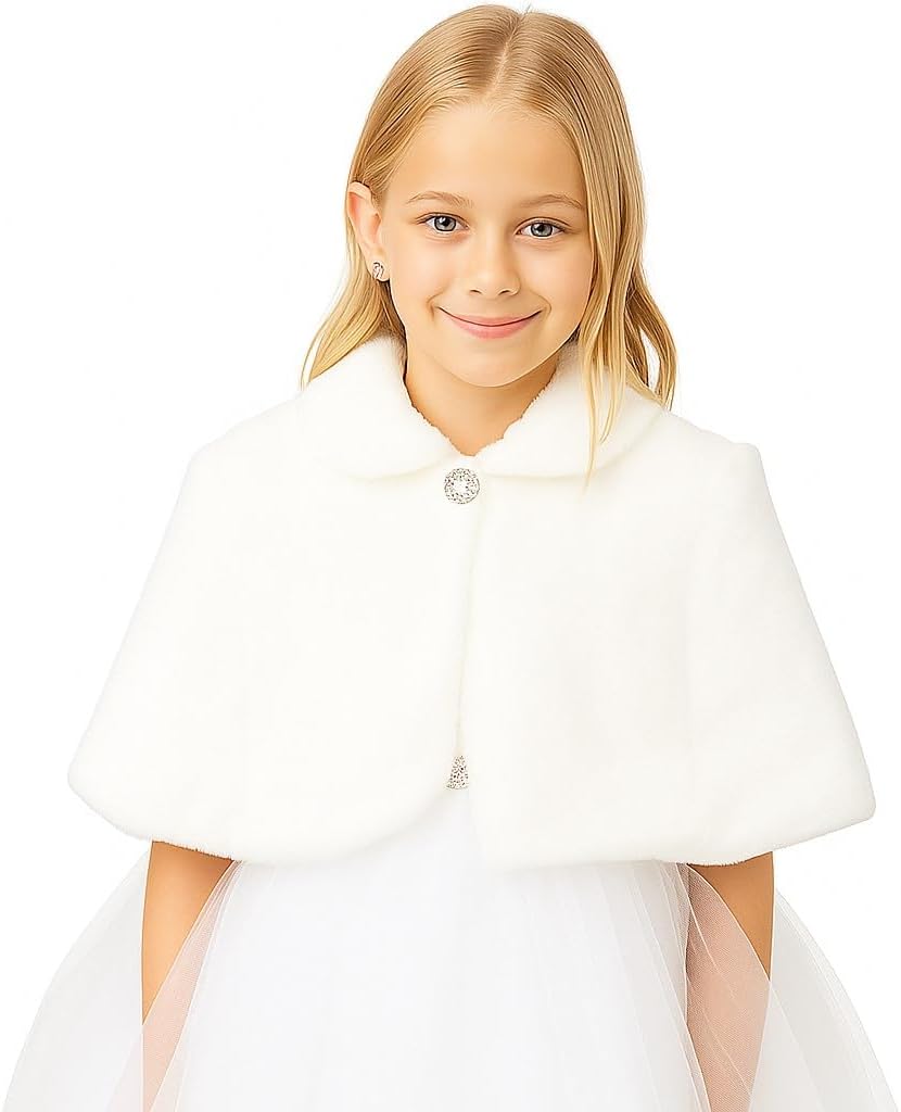 iGirlDress Girls Plush Fur Cape with Collar Flower Girl Bolero Jacket Shrug Coat