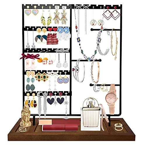 Porte Boucles D'oreilles, 5 Niveaux Présentoir à Boucles d'oreilles Avec Ferme et Stable Base en Bois, JOENCOST Organisateur de Porte-bijoux pour Organiser Bracelet Boucles d'oreilles Bagues (Le noir) Cover