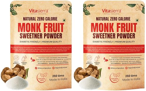Image of Vitasierra Monk Fruit Sweetner Organic 1:1 Sugar Replacer Without Erythritol Zero Calorie Zero Glyemic Index 100% Natural Sweetner Diabetic Friendly, 250 Gram x 2