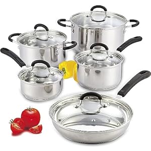 Cook N Home Stainless Steel Cookware Sets 10-Piece, Pots and Pans Kitchen Cooking Set with Stay-Cool Handles, Dishwasher Safe, Silver