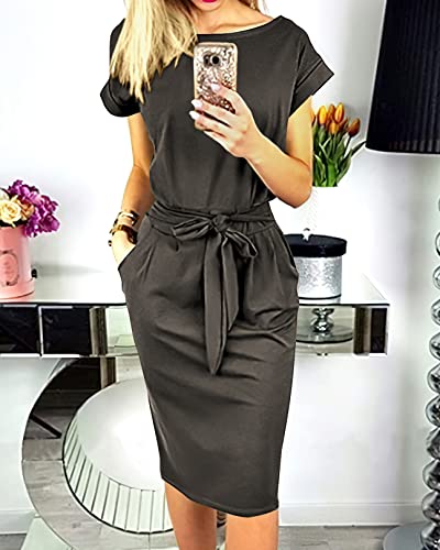 Prettygarden Women's Summer Short Sleeve Crewneck Striped Dress Basic Solid Tie Waist Office T Shirt Dresses Pockets Dark Grey #TOP1