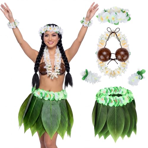 Shihanee 6 Pcs Hawaiian Hula Grass Skirt Set Coconut Bra Tropical Leaf Hula Skirt with Artificial Hibiscus Flowers Leis for Women (Fresh)