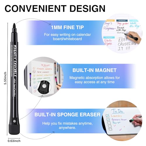 Magnetic Dry Erase Markers Fine: 12 Colors Erasable Whiteboard Markers Fine Point with Eraser Cap, Low Odor White Board Dry Erase Pens Fine Tip for Kids & Teachers, Home, Office and School Supplies