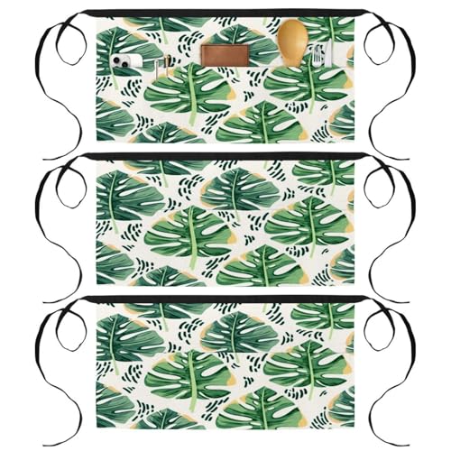 Tablier court de chef lot de 3 avec 3 poches pour cuisine et bistrot motif feuilles de palmier