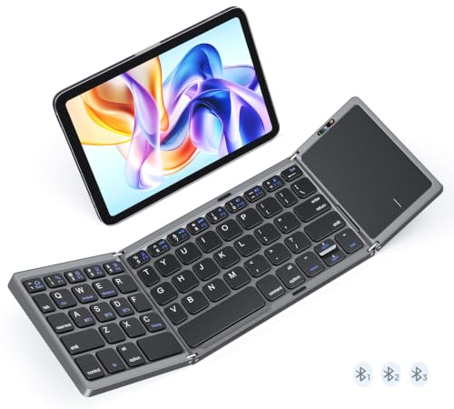 Image of MEETION Foldable Bluetooth Keyboard with Touchpad, Portable Wireless, Gray | Ultra-slim rechargeable folding keyboard with built-in touchpad, full-size keys, idea for travel, iOS /Android /Windows