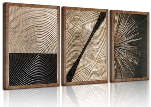 3Pcs Retro Wood grain Abstract Canvas Wall Art Minimalist Black Golden Line Texture Wall Decor Pictures Neutral Geometric Beige Brown Poster Prints for Living Room Bedroom Home Decoration 12x16in
