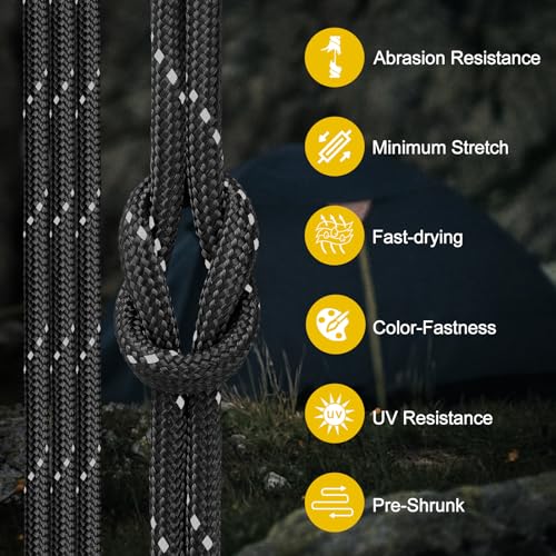 Reflective Paracord Rope 850Ib, 50/100/200/500/1000ft 4MM 11 Strand para Cords Lanyard Utility Parachute Cord for Tent Camping Hiking Survival Tactical Clothesline DIY Projects, Black 100FT - Image 4