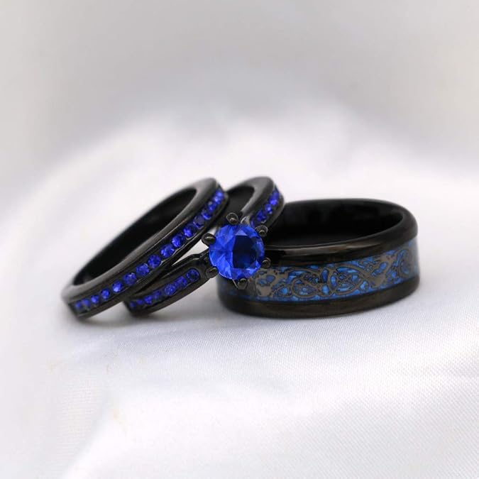 Couple Rings Black Plated Round cut Blue Cz Womens Wedding Ring Sets Stainless Steel Men Wedding Band
